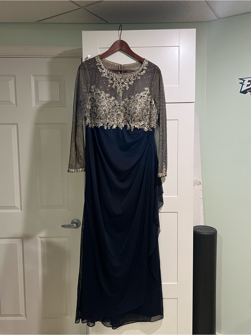 Xscape Navy Gown with Silver Embroidered Bodice